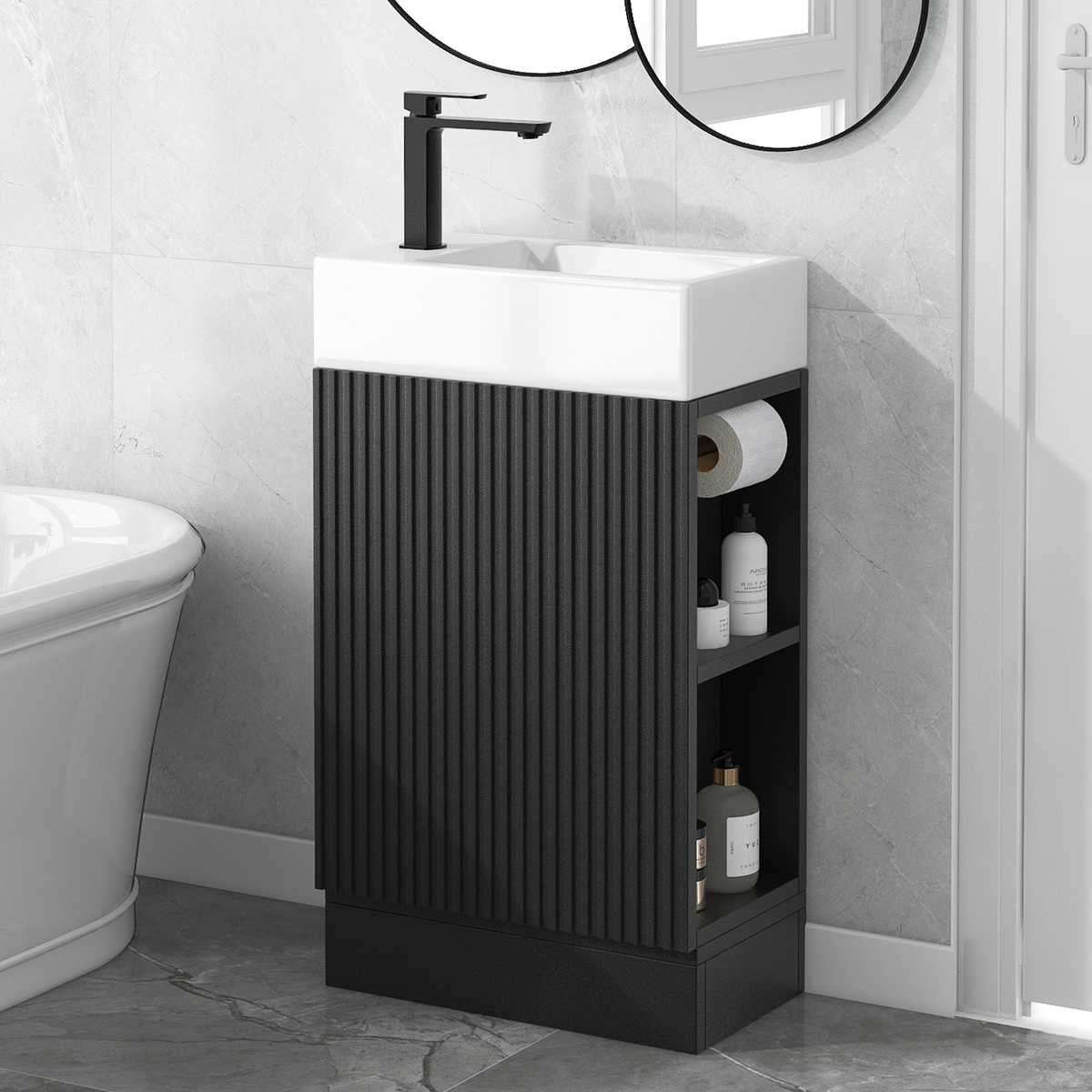 18.6'' Bathroom Vanity with Sink, Bathroom Vanity Cabinet with Two-tier Shelf, Left or Right Orientation, Black