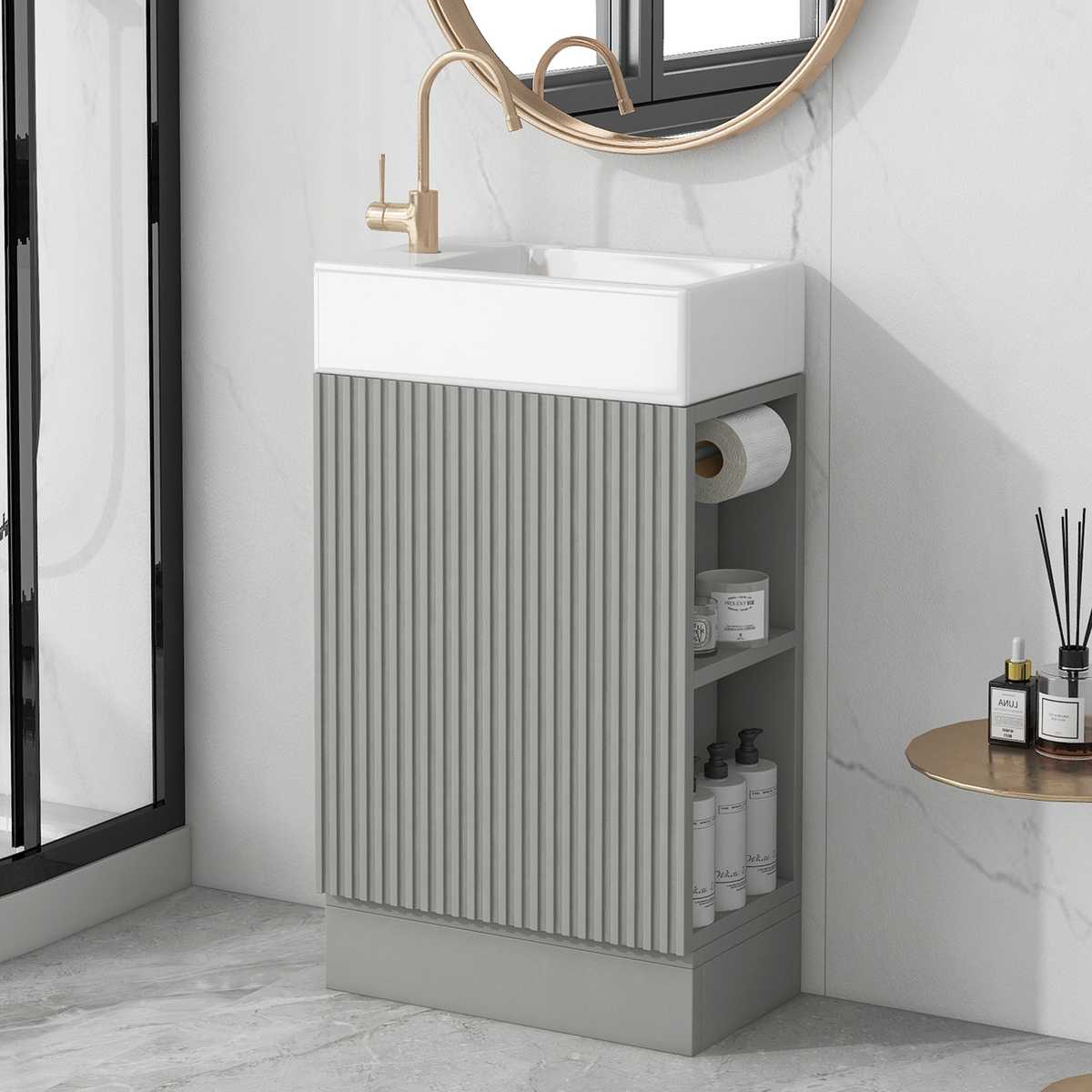 18.6'' Bathroom Vanity with Sink, Bathroom Vanity Cabinet with Two-tier Shelf, Left or Right Orientation, Grey