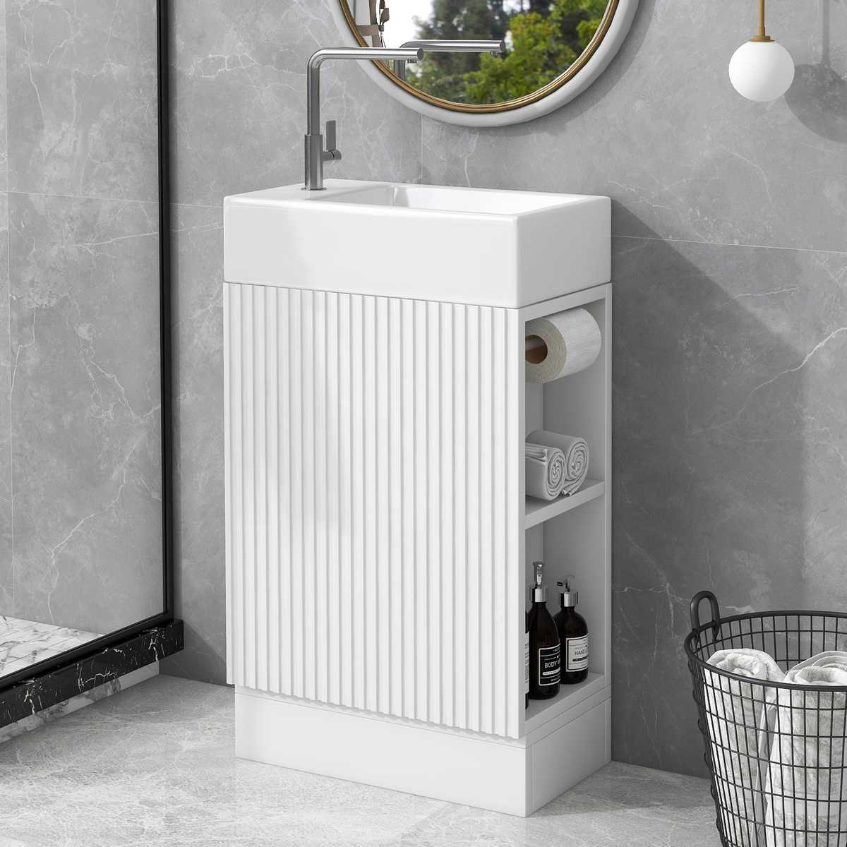 18.6'' Bathroom Vanity with Sink, Bathroom Vanity Cabinet with Two-tier Shelf, Left or Right Orientation, White