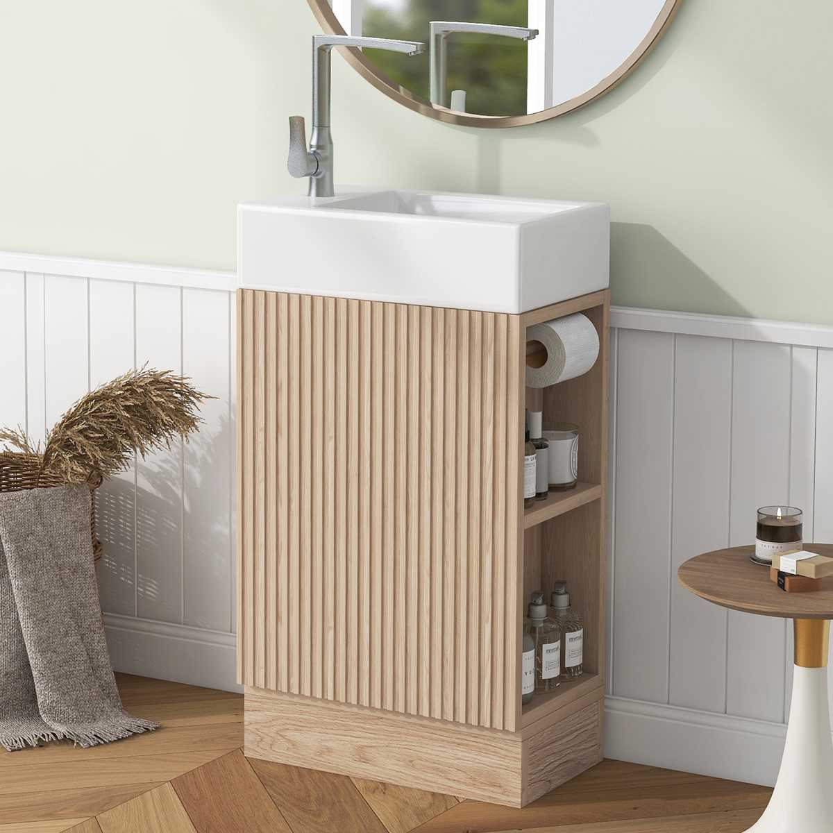 18.6'' Bathroom Vanity with Sink, Bathroom Vanity Cabinet with Two-tier Shelf, Left or Right Orientation, Natural