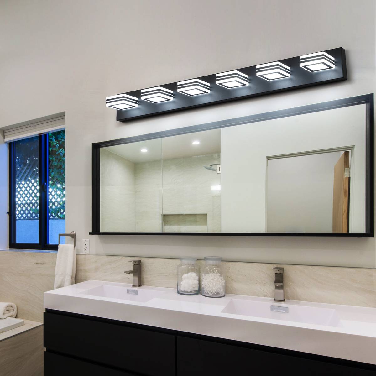 39" Modern Black 6-Light LED Vanity Light, Square Acrylic Lampshades Wall Mount Fixture for Bathroom, Mirror Lighting