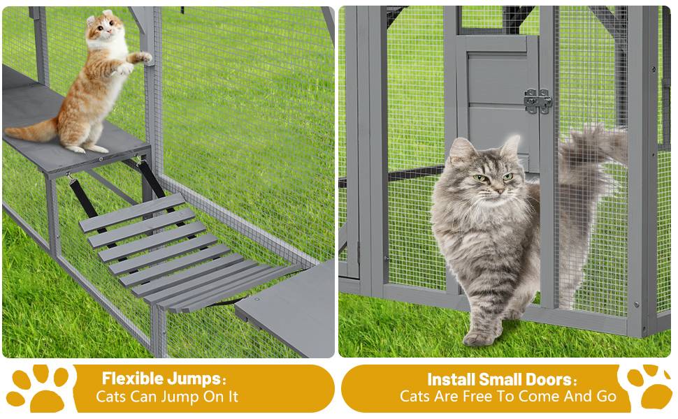 Outdoor Cat House Cat Enclosures 110'' Large Kitten Playpen with Platforms,Upgrade Waterproof Cover-grey