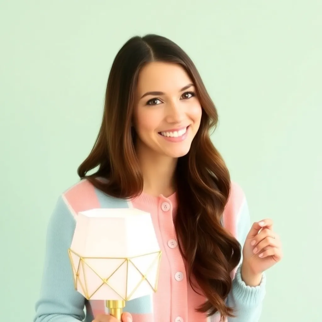 A woman with wavy brown hair wearing a pink top with a pastel blue and peach checkered cardigan, smiling and holding a light pink ceramic pot with lid. She is against a light mint green background.